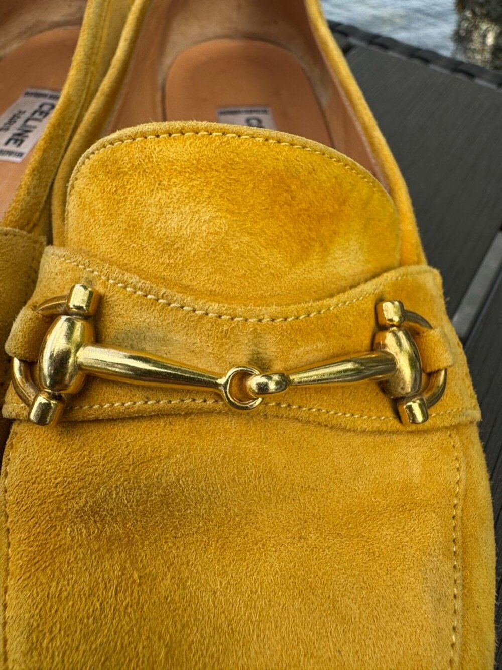 Celine Vintage Yellow Suede Horsebit Loafers Size 36.5/6 - Picture 6 of 11